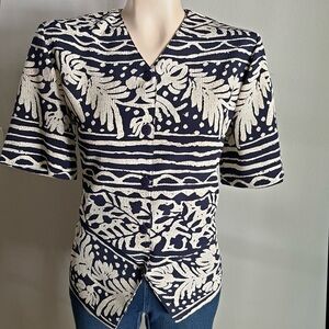 Vintage Alia Navy White Tropical Print Blouse Sz 8 Textured Button Front Top